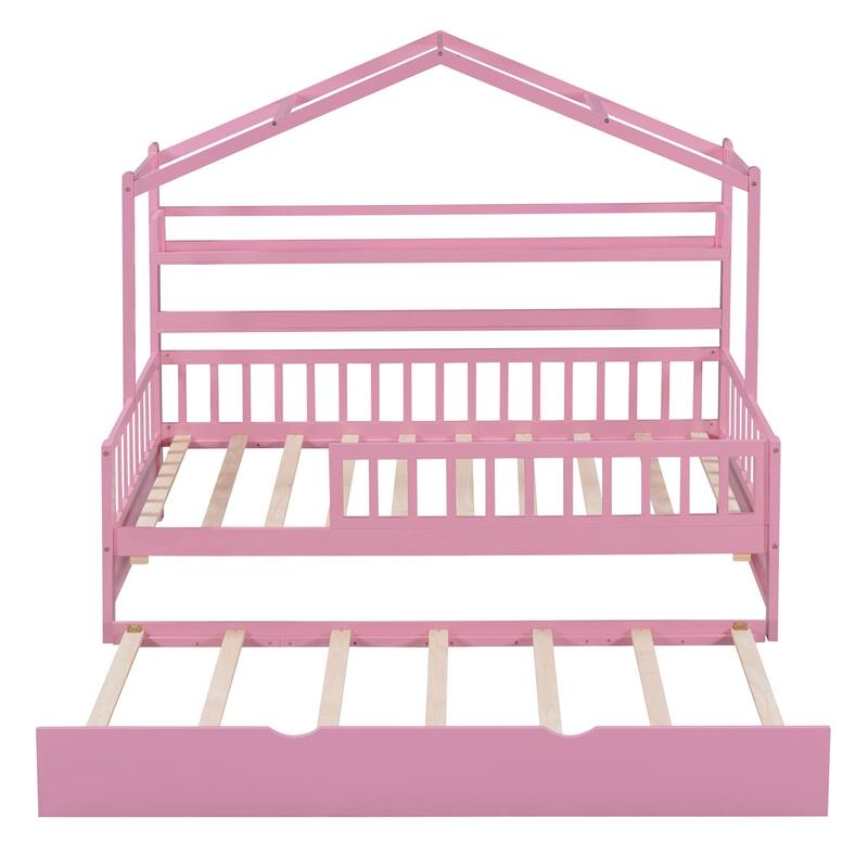 Cute Wooden Twin or Full House Bed with Trundle, Kids Bed Wood Platform Bed Frame with Safety Guardrail & Storage Shelf