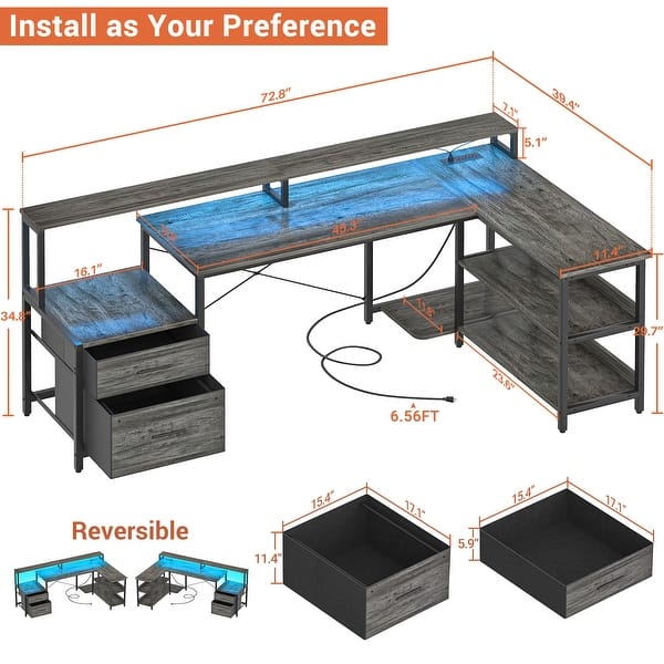 dimension image slide 3 of 8, Reversible L Shaped Computer Desk with File Drawer & Monitor Stand & Power Outlet & LED Strip, Home Office Desk Corner Desk