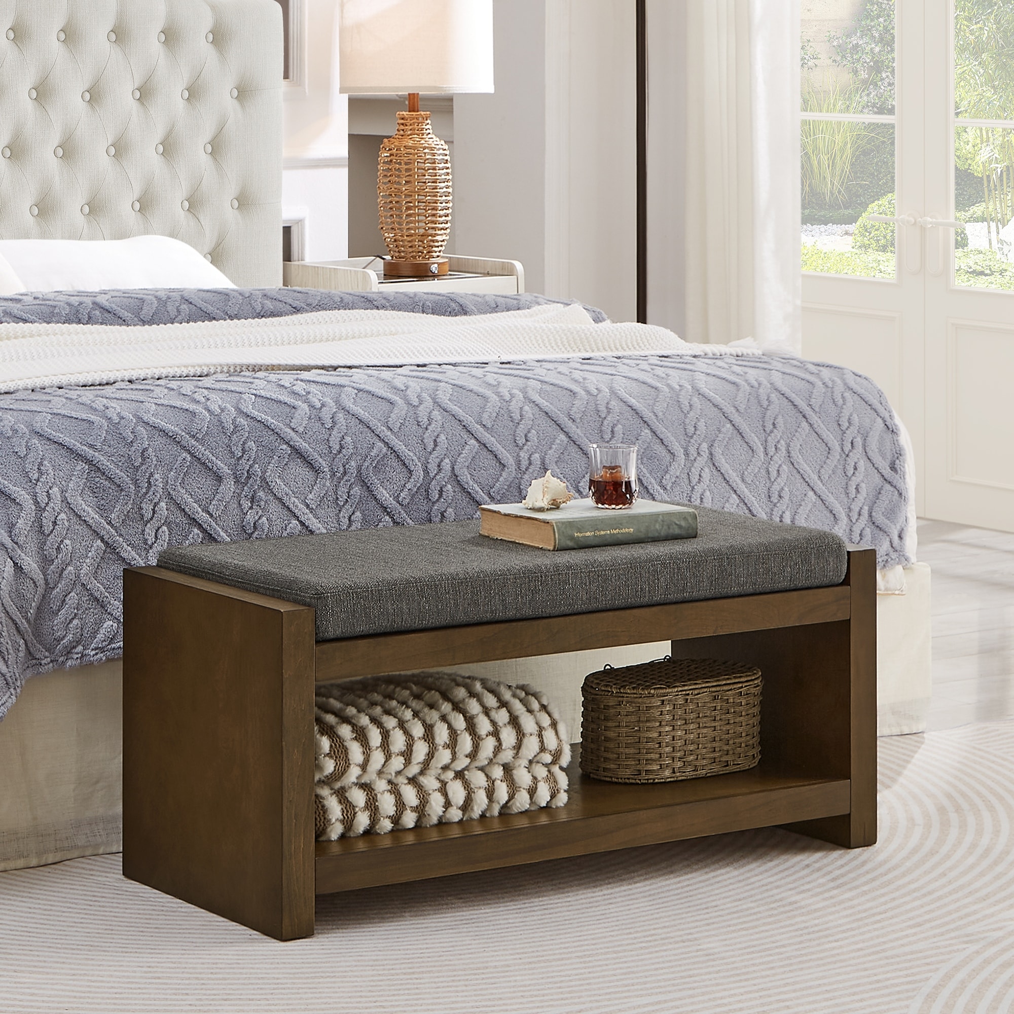 40" Accent Bench with Lower Shelf Shoe Rack, Padded Seating, Modern Compact Bed End Bench with Storage, Removable Cushion