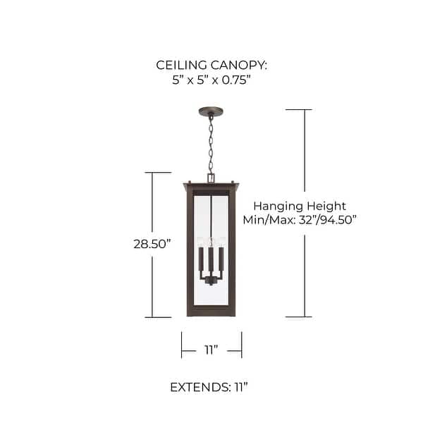 dimension image slide 0 of 2, 11" W x 28.5" H 4-Light Outdoor Rectangular Hanging Lantern with Clear Glass - 11"W x 28.5"H