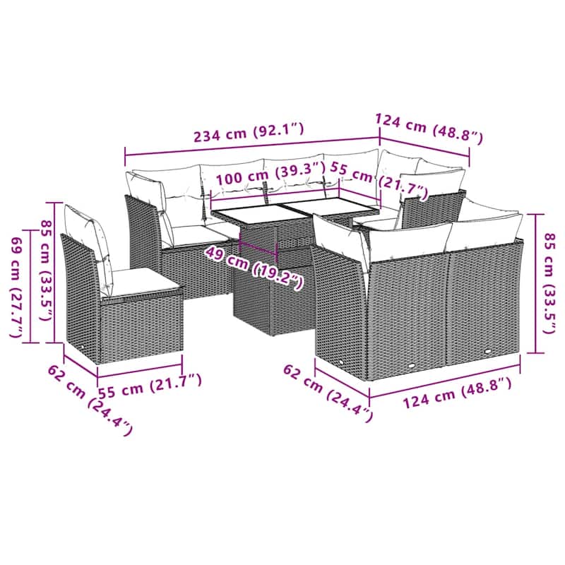 vidaXL Patio Sofa Set with Cushions Modular Outdoor Seating 9 Piece Poly Rattan - 24.4 x 24.4 x 27.2