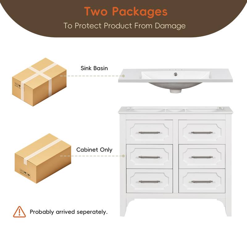 36'' Bathroom Vanity with Resin Sink Combo, Free Standing Solid Wood Frame Bathroom Vanity Cabinet with 4 Storage Drawers