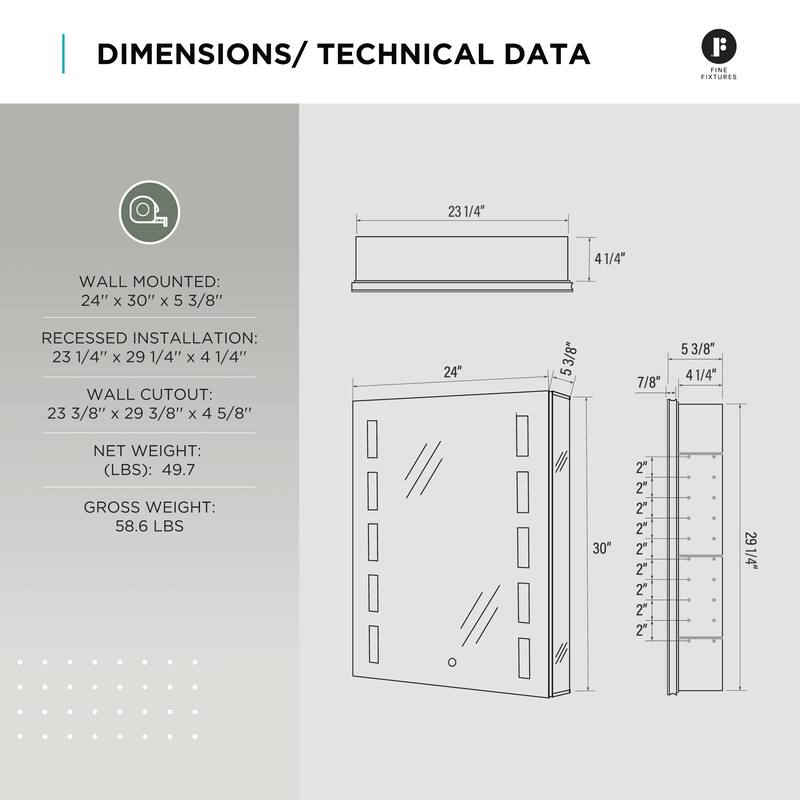 Bathroom Medicine Cabinet, Aluminum, Recessed/Surface Mount, Mirrored Interior w/LED