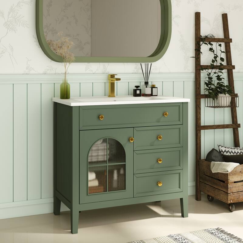 35.6" Mid-Century Bathroom Vanity Sink with Patterned Glass & Motion-sensor Light Strip, Freestanding