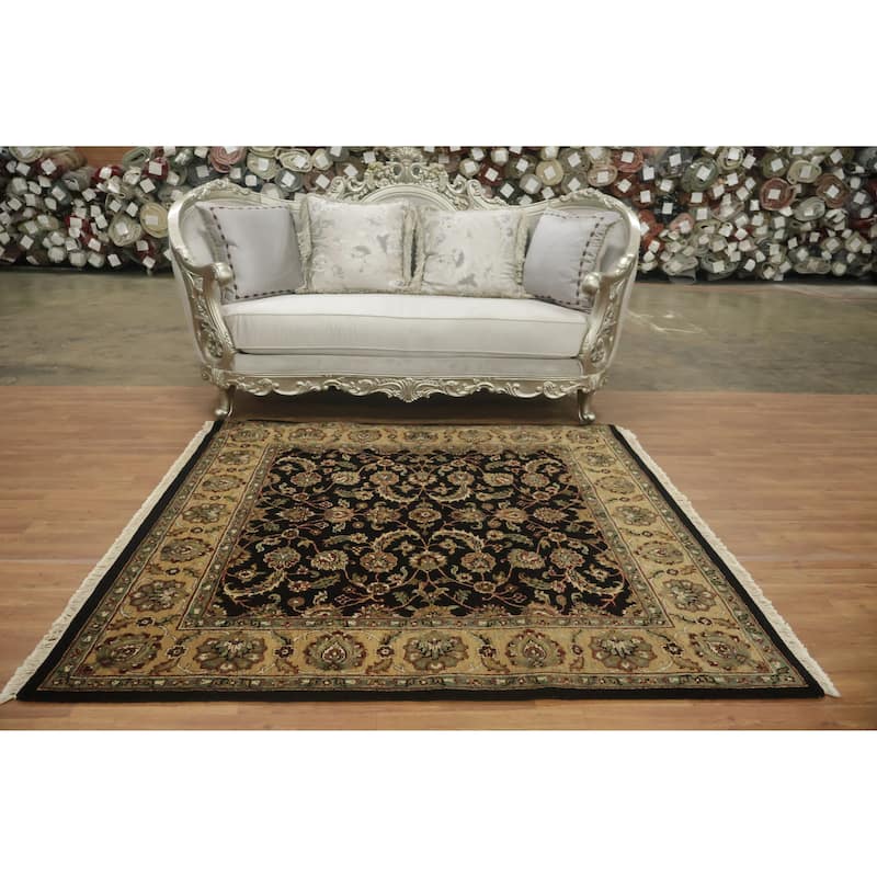 Hand Knotted Oriental 100% Wool Carpet Traditional All-Over Black Agra Area Rug - 5' 11'' X 5' 11''