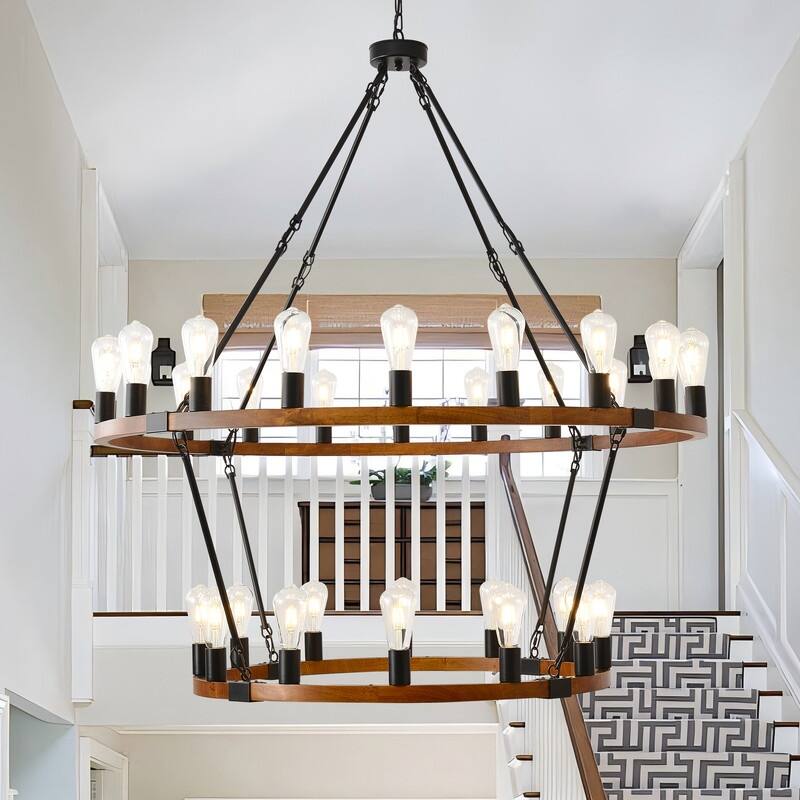 Farmhouse Wagon Wheel Chandelier - Rustic Wood & Metal Adjustable Pendant Light for Dining Rooms, Kitchens & Entryways - 47.24+31.96