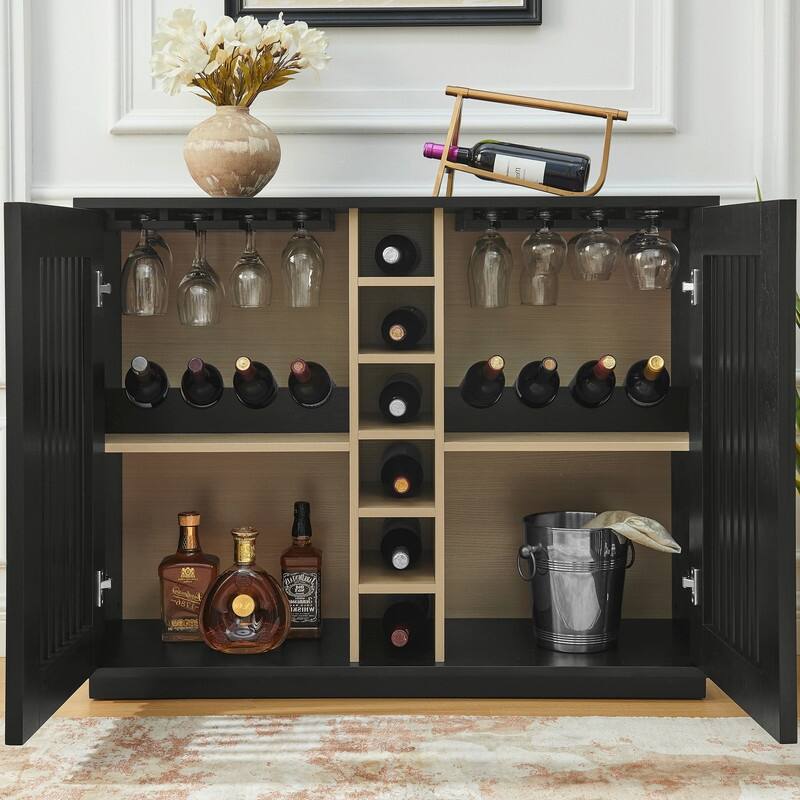 Mid Century Modern Fluted Buffet Cabinet with Wine Glass Holder and Wine Rack