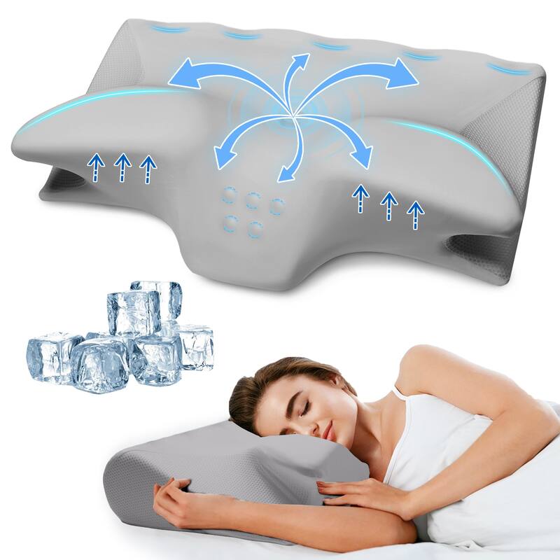 Cooling Gel Memory Foam Contour Pillow, OX Horn Cervical Pillow - Grey - Single