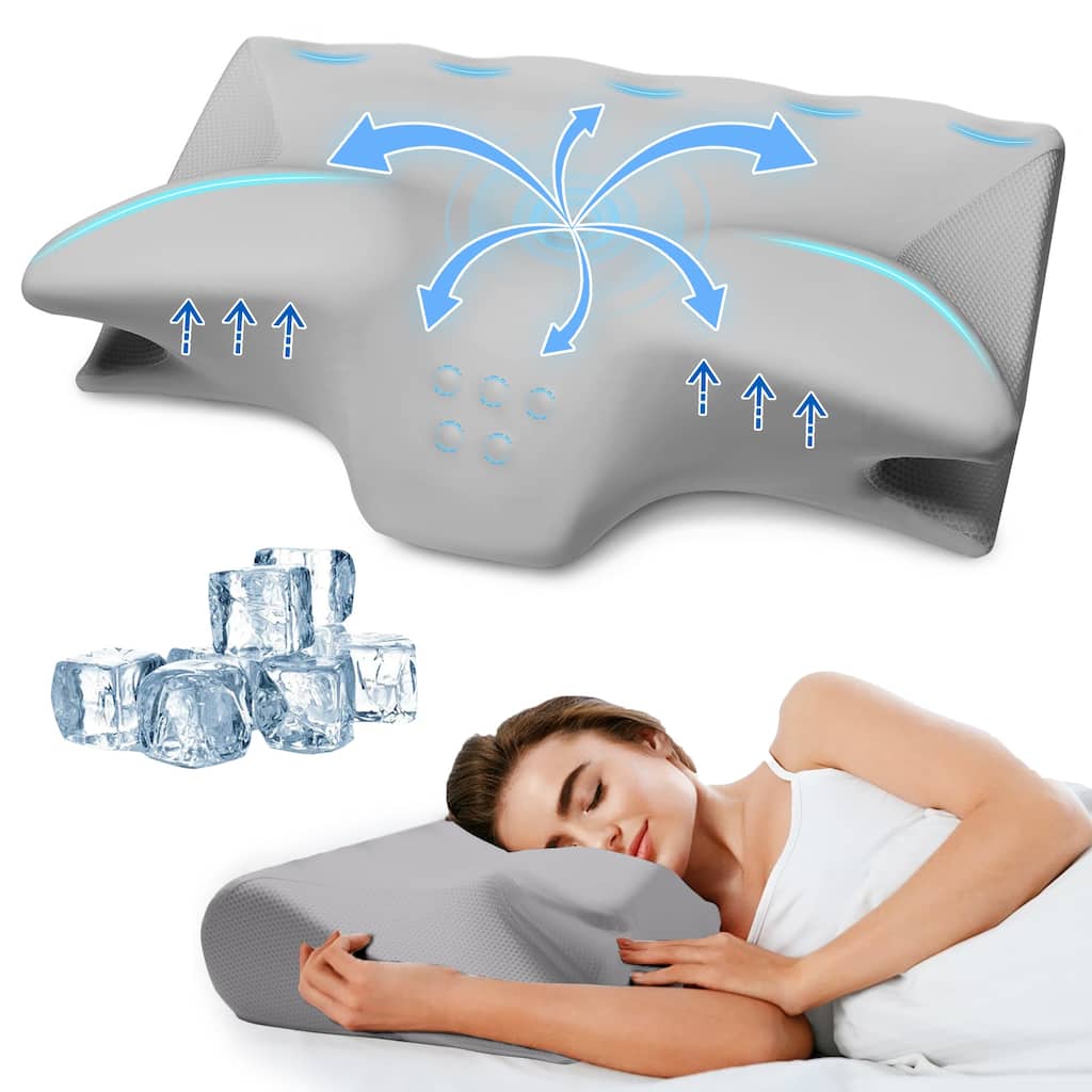 Cooling Gel Memory Foam Contour Pillow, OX Horn Cervical Pillow - Grey