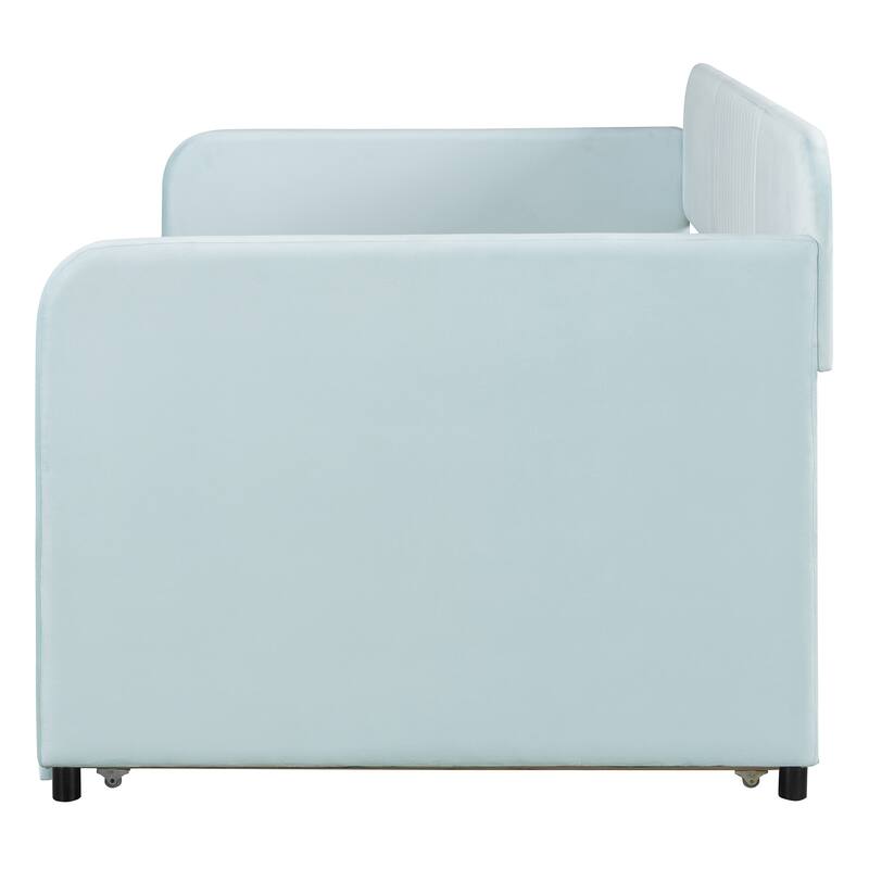 Roomfitters Twin Size Upholstered Daybed with Trundle, Velvet Fabric Sofa Bed with Wood Slats