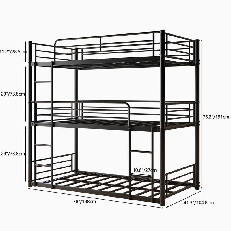 Twin Over Twin Over Twin Metal Triple Bunk Bed with Guardrails and Dual Ladders, Space Saving Frame, No Box Spring Needed