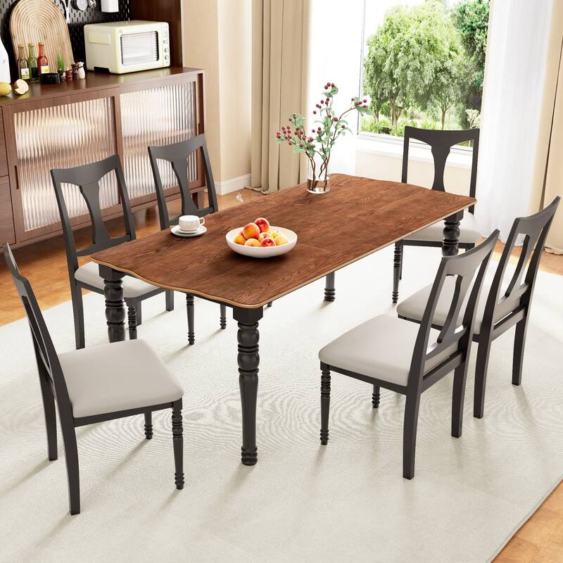 7-Piece Dining Table Set with Rustic Extendable Dining Table, Padded Dining Chairs with High Backrest - Black Brown