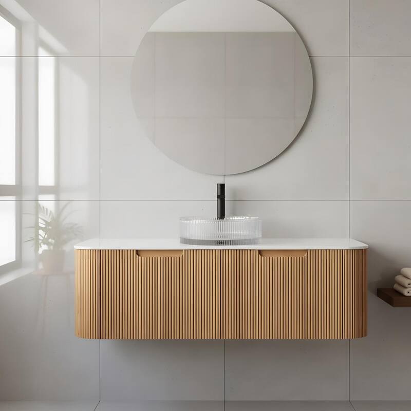 Floating Bathroom Vanity with Transparent Round Glass Basin - 48 - Natural Wood