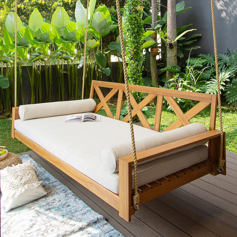 Cambridge Casual Logan Teak Outdoor Porch Swing Daybed with Cushion