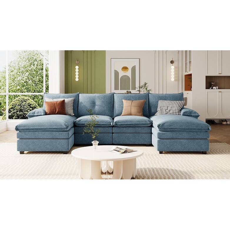 U-Shaped Sectional Sofa, Chenille Fabric Cloud Sofa, 6 Seater Sofa with Adjustable Armrest Pillow for Living Rooms, Office