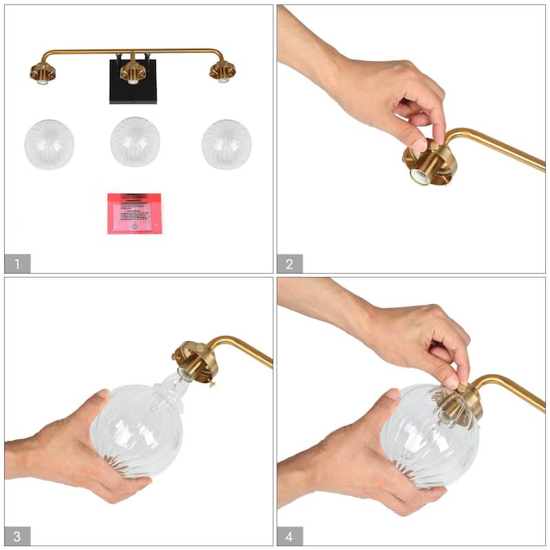 Modern Black Gold 3-Light Bathroom Vanity Light Wall Sconces with Ribbed Glass - L 21.5" x W 6.5" x H 8"