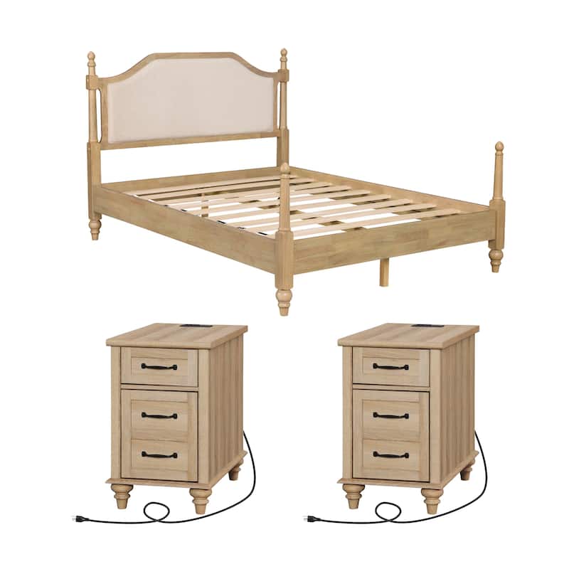 3 Piece Bedroom Set, Queen Size Bed Frame & Set of 2 Nightstands, Oak