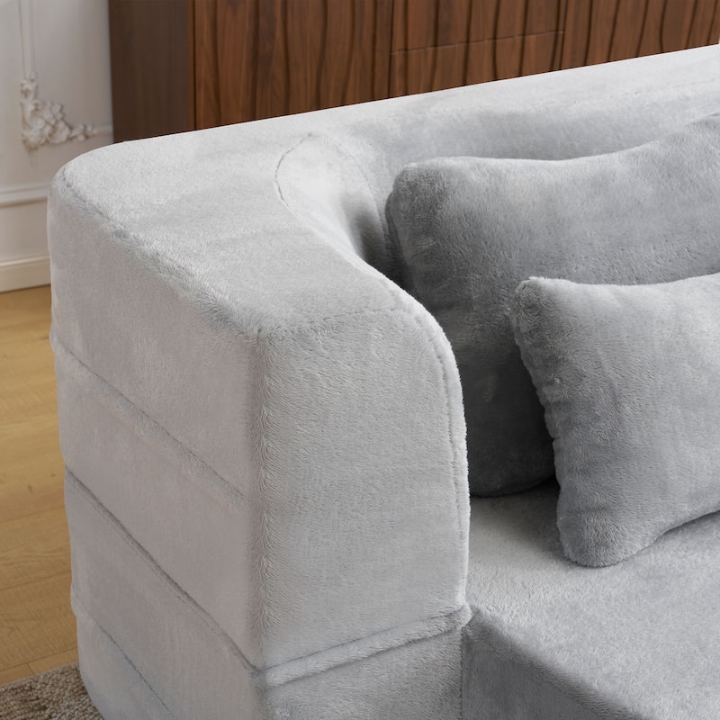 Queen Size Modern Sofa With 4 Pillows,Plush Fabric Futon Sofa Couch,High-Density Foam Folding Mattress,No Assembly Required