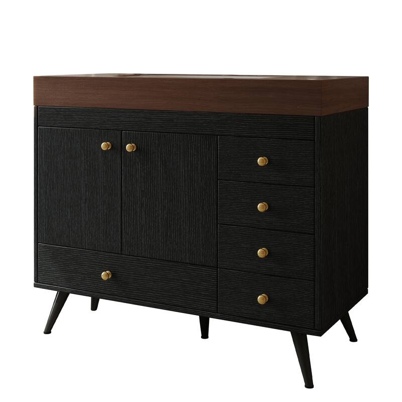 36" Freestanding Bathroom Vanity with Faux Marble Top, Ceramic Sink, 5 Drawers & Stainless Steel Legs