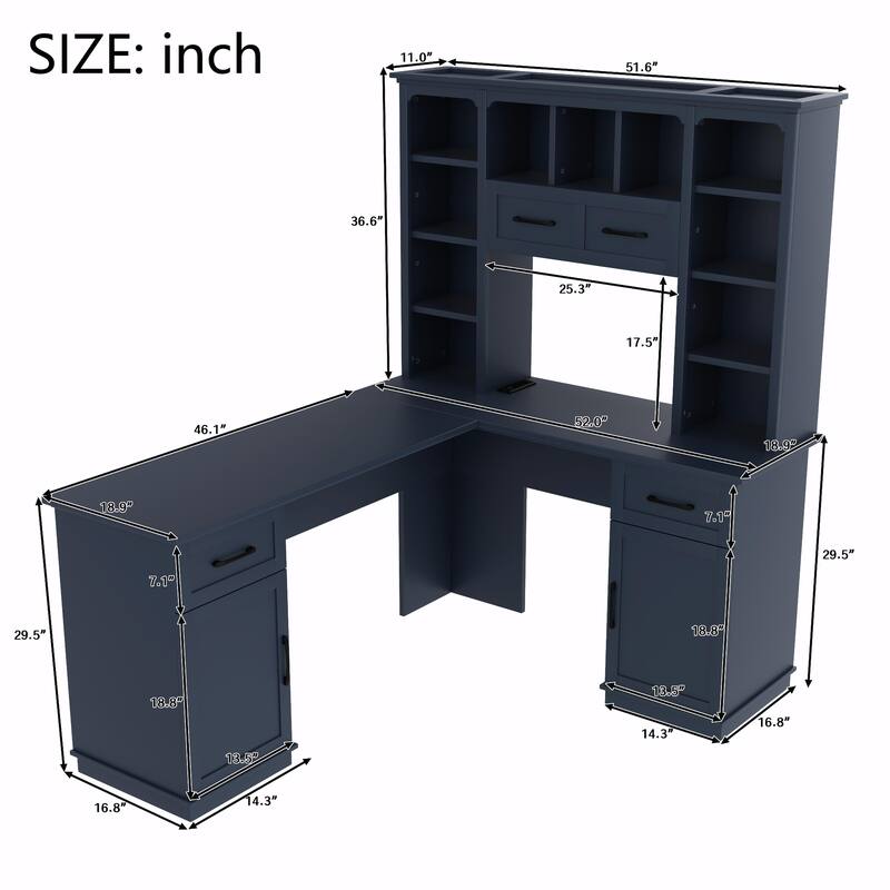 L-Shaped Computer Desk with 2 Cabinets, 2 Drawers, 11 Open Shelves and a Flip-Up Shelf with Storage on the Right Side
