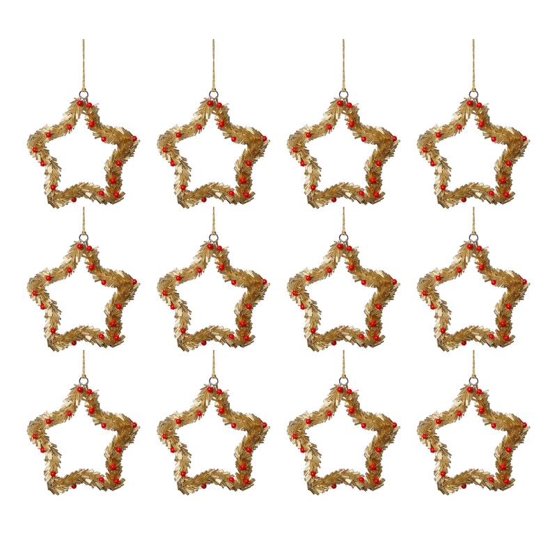 Festive Beaded Christmas Star Hanging Ornaments with Red Berries, Set of 12, 6"