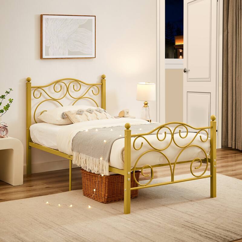 Javlergo 2-Pack Twin Size Victorian Metal Bed Frame for Kids with Headboard & Footboard No Box Spring Needed