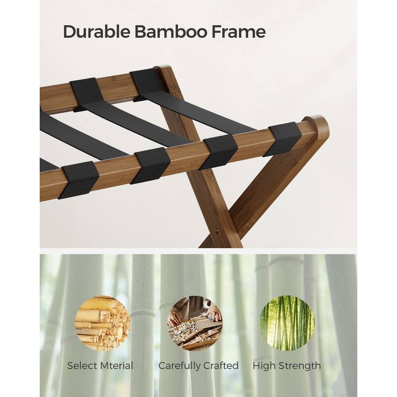 Wicker Luggage Rack with Nylon Support Straps and Storage Shelf Foldable Travel Suitcase Stand