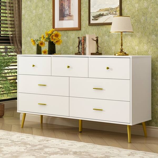 Timechee 55.9'' W White Dresser Chest In White and Gold 7 Drawer