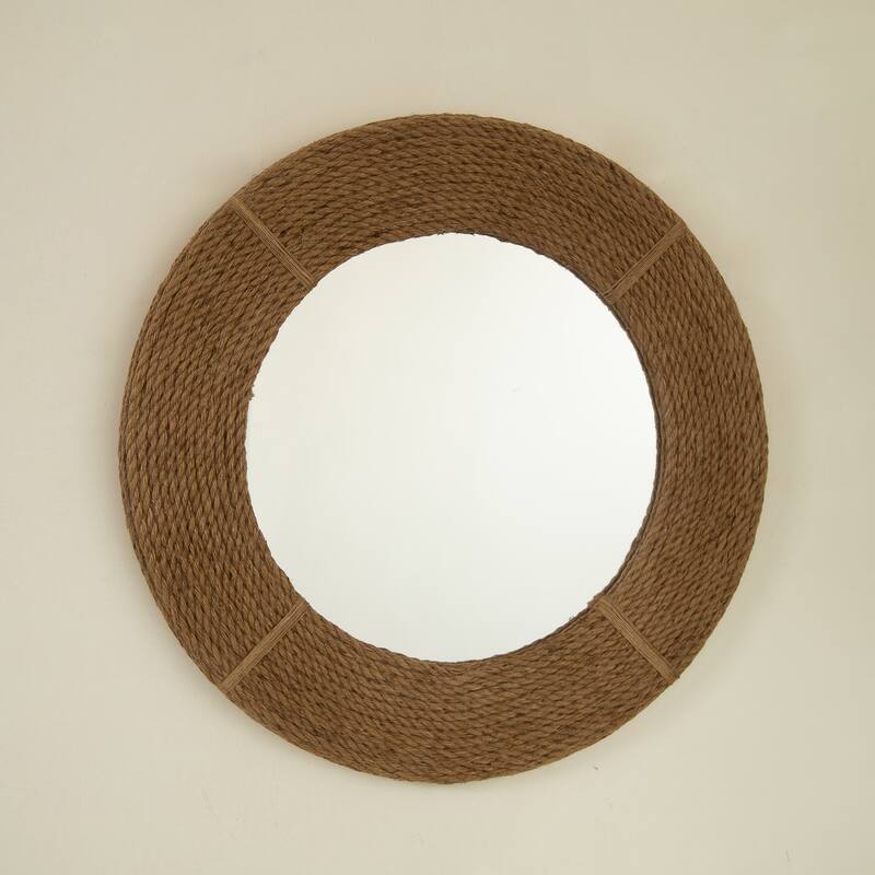Breeza Hemp Hand-Woven Bamboo Circle Mirror - Earth Yellow, Bathroom, Bedroom - Silver