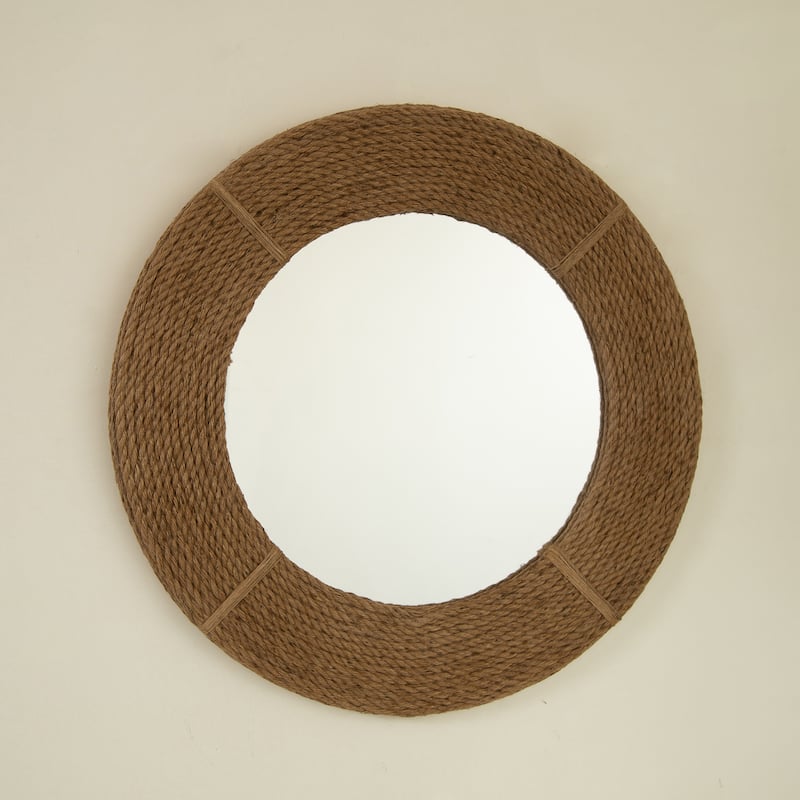 GDFStudio - Aura Natural-Log Style 24" Handwoven Bamboo Artistry Round Wall Mirror for Decoration - Silver