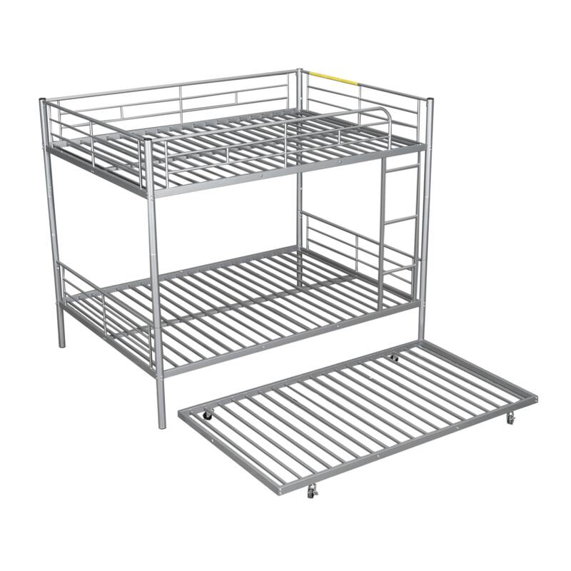 Full Over Full Metal Bunk Bed with Trundle, Silver Finish, Sturdy Iron Frame