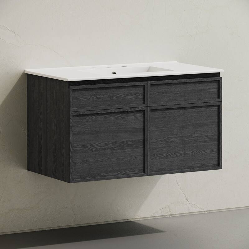 St. Tropez 36" Wall-Mounted Bathroom Vanity In Black Oak With 3-Hole Widespread Sink Top - 36