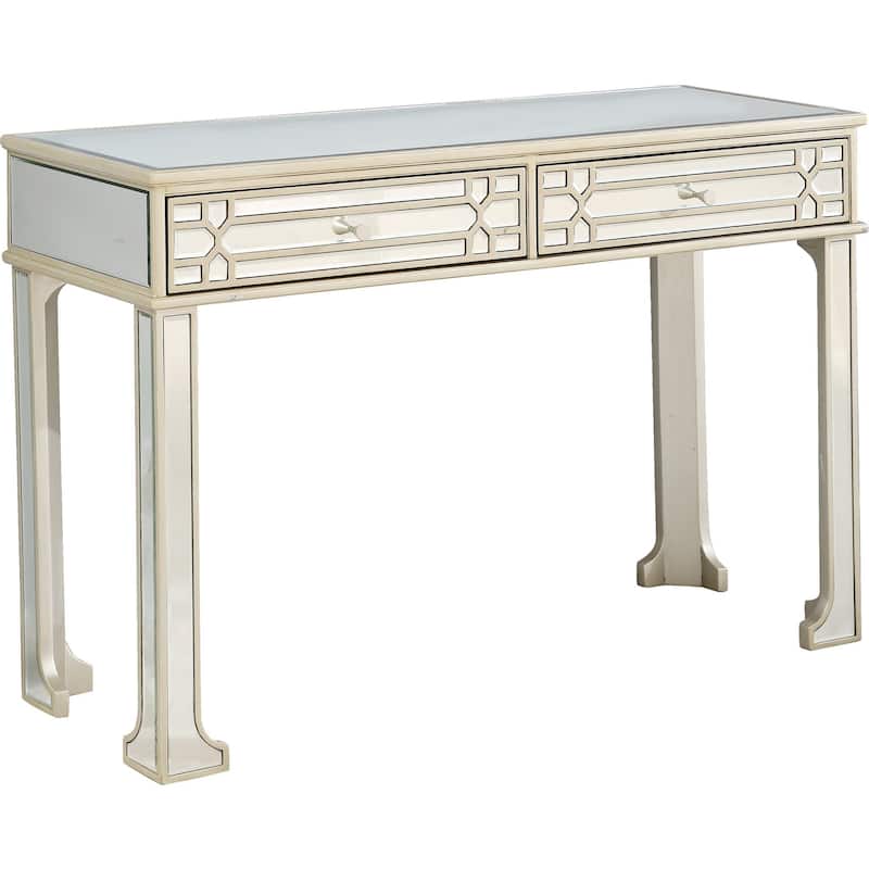 Champagne Glass Mirrored Console Table, 2 Drawers and Geometric Legs - 48" L x 16.8" W x 32" H - Champagne