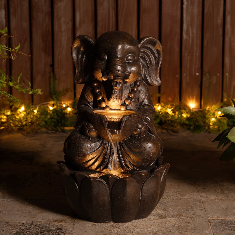 Glitzhome 21.75"H 2-Tiered Lighted Zen Style Frog Elephant Hippo Polyresin Outdoor Fountains