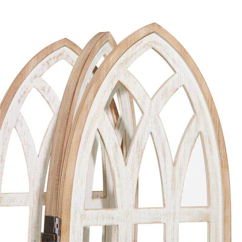 Wood Hinged Foldable Arched Partition 3 Panel Room Divider Screen with Window Pane Details - White - Roche River Decor