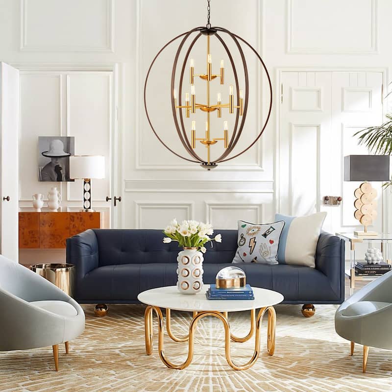 12-Light Industrial 3-Tier Cage Globe Oversized Pendant Traditional Large Chandelier for Living Room - 35.4 in. W x 41.3 in. H - 35.4 in. W x 41.3 in. H - Brown