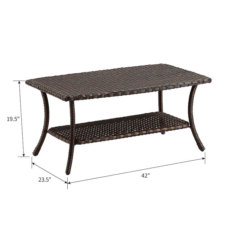 Pocassy Outdoor Wicker Coffee Table with 2-Tier Storage Shelf Brown