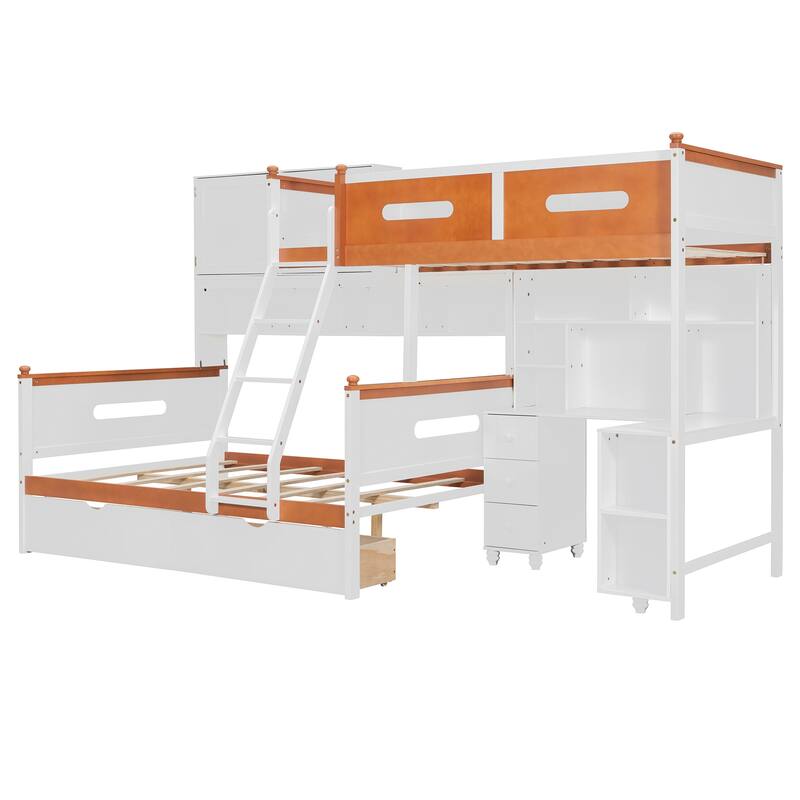 Roomfitters Twin Over Full Bunk Bed with Integrated Desk, Cabinet, & LED Lighting, Modern Storage Sleeper System, White & Orange