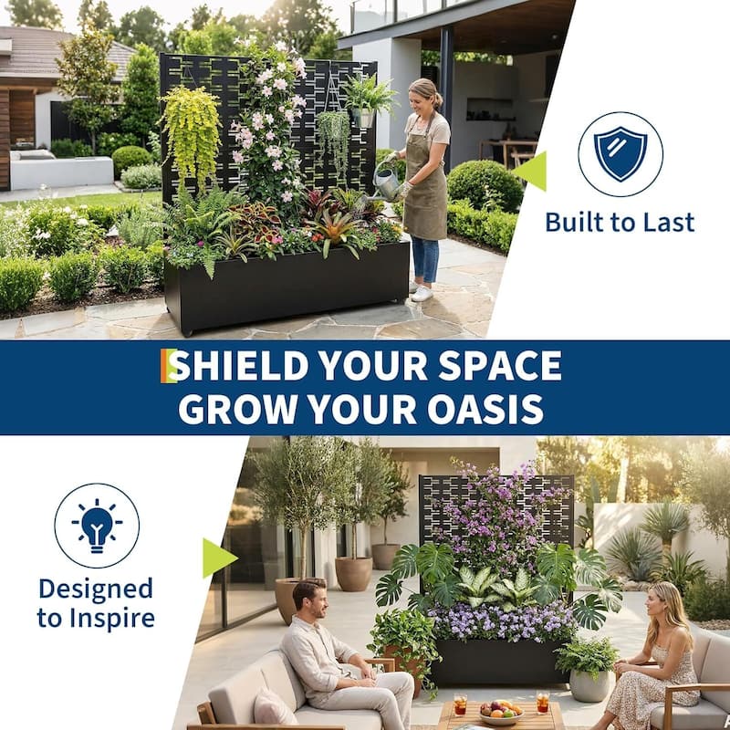 47"*47"*16" Galvanized Raised Garden Bed with Trellis, Planter Box with Privacy Screen, Wheels