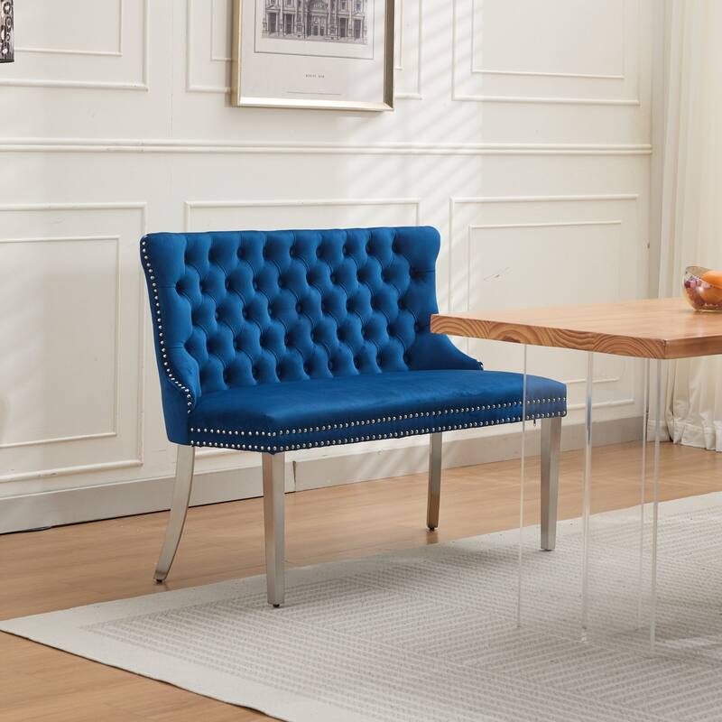 Velvet Double Dining Loveseat Bench, 2-Seat Tufted Bench w/Handmade Buttons, Wing Back, Stainless Steel Legs,Single Pack