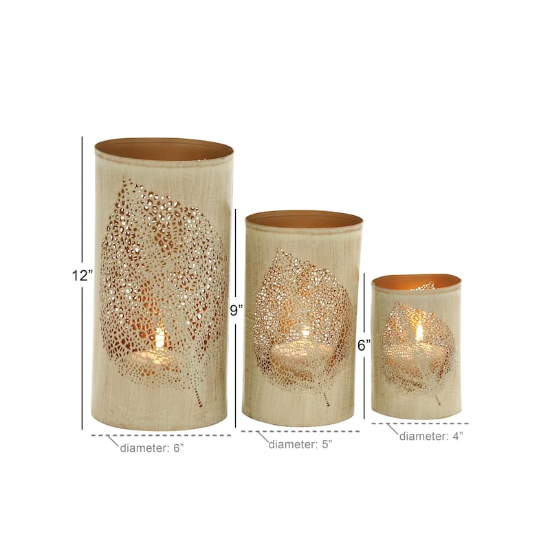 Metal Leaf Decorative Indoor Outdoor Candle Lantern with Gold Interior - Set of 3 Gold or Copper - Roche River Decor