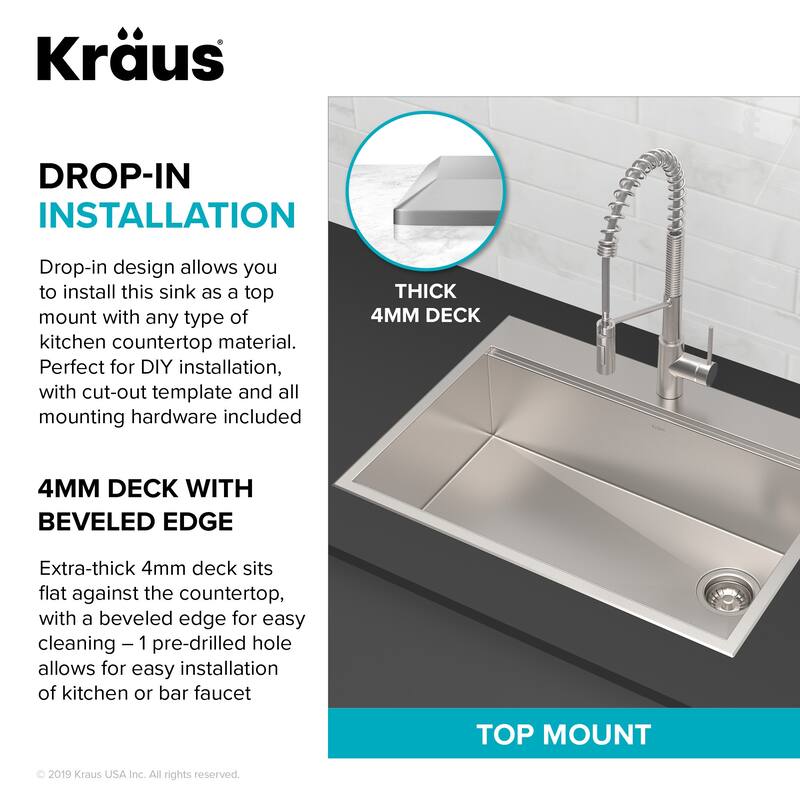 Kraus Kore 30" Drop In or Undermount Single Basin Stainless Steel