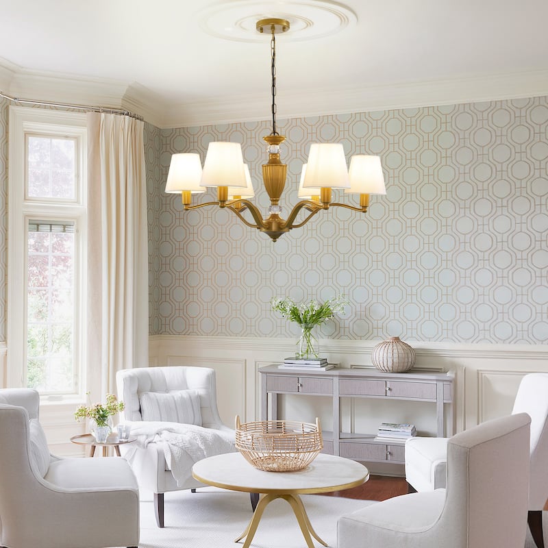 Farmhouse Dining Room Light Fixture, 6-Light Chandeliers for Dining Room with White Fabric Shade