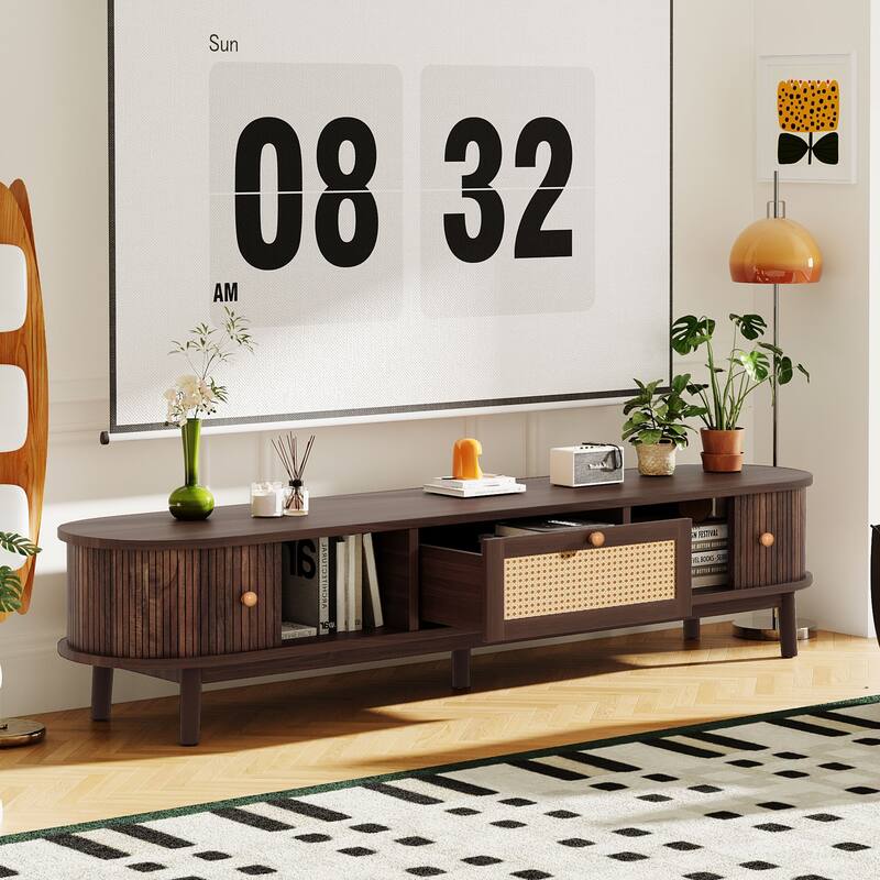 Modern TV Stand for 75" TVs, Media Console TV Cabinet with Rattan-Front Drawer, 1 Drawer and 2 Sliding-Door Cabinets