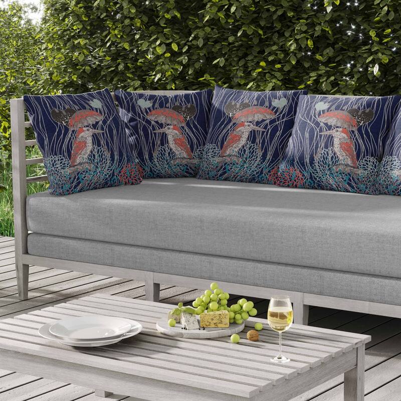 Bird with Umbrella Indoor/Outdoor Reversible Throw Pillow Blue and Copper