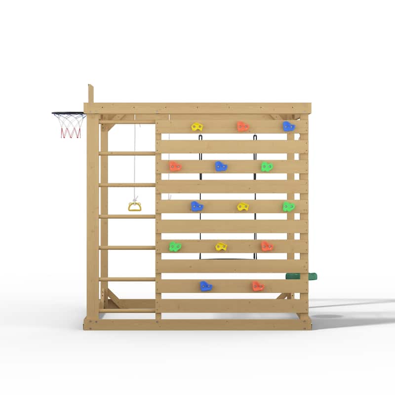 8-in-1 Cedar Wood Outdoor Playset for Backyard, Kids Swing Set with Climbing Wall, Monkey Bars, Basketball Hoop & Sand Box