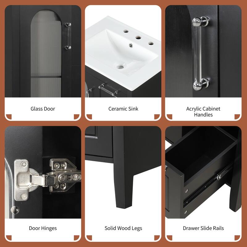 Roomfitters 24" Bathroom Vanity with Sink, Solid Wood Frame & Moru Glass Door, 2 Drawers & Adjustable Shelf