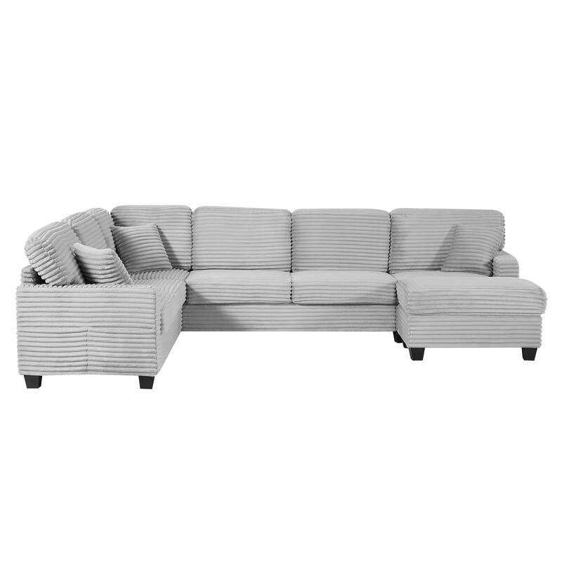 U Shaped Sectional Sofa with 1 Movable Ottoman, Corduroy Upholstered 6 Seater Sofa, Corner Sofa with Storage Pockets