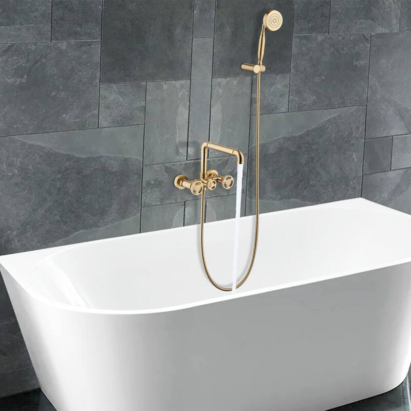 Modland Double Handle Wall-Mounted Bathtub Faucet with Handheld Shower in Black/Gold