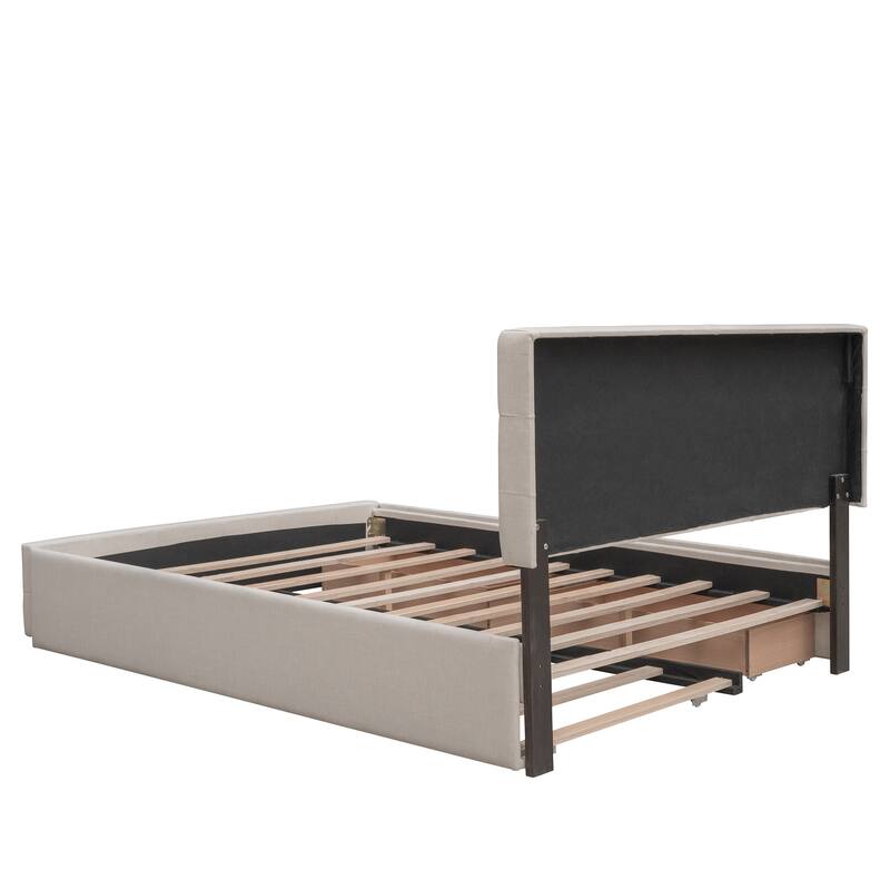 Queen Size Upholstered Platform Bed with Twin XL Trundle, Wooden Storage Bed Frame with 2 Drawers & Button Tufted Headboard